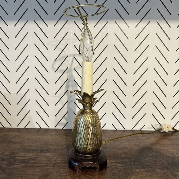 Vintage Brass Pineapple Lamp Wood Base Tropical Decor 10” Table Light - No Shade - Picture 2 of 14